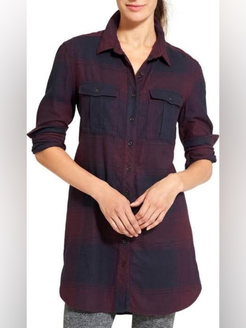 Athleta Trail to Town Long Sleeve Plaid Dress in Wild Raisin Navy Maroon